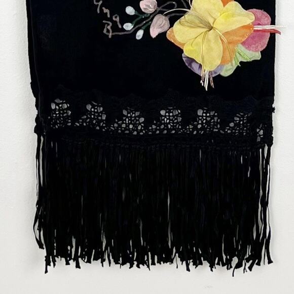 Vintage Ana Rosa Signed Scarf Mexico Art Hand Painted Crafted Fringe Shawl Black - Picture 5 of 6